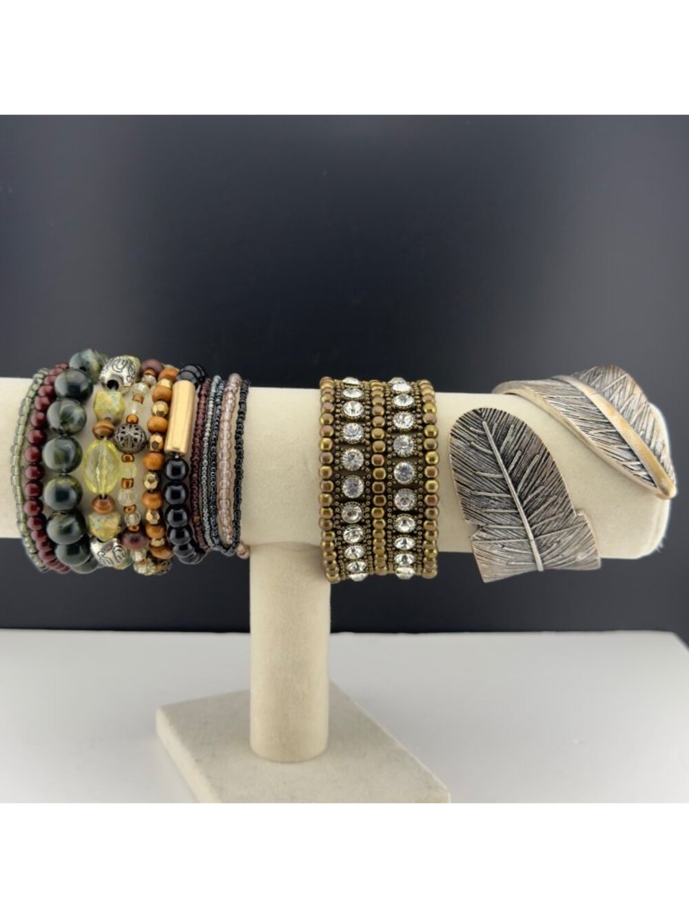 Boho Bracelet Lot Silver Tone Cuff Rhinestone Stretch Mixed Metals Stackable